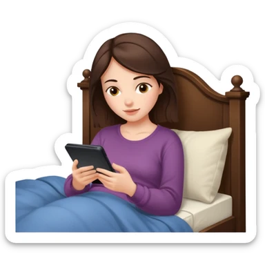 Brunette woman cozy in bed reading on kindle sticker