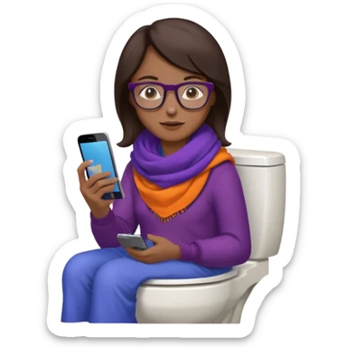 Fille châtain foncé avec lunettes. Elle porte une grosse écharpe violette, bleu et orange. Elle assise dans une cuvette de toilette. Téléphone en main. Realiste sticker