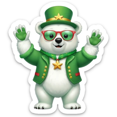 full body friendly anthropomorphised polar bear wearing large multicolored star-shaped glasses and festive St. Patrick's Day outfit, waving and smiling sticker