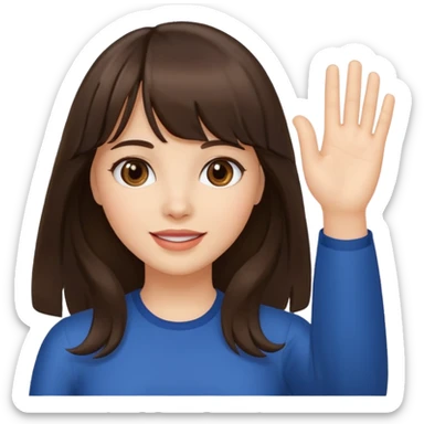 brunette woman with bangs and long hair waving, friendly sticker