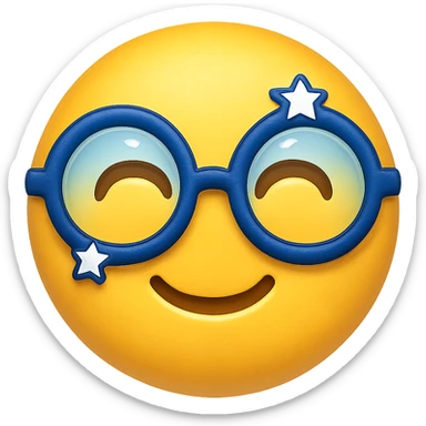 yellow face with blue wizard glasses, digital illustration, emoji style sticker