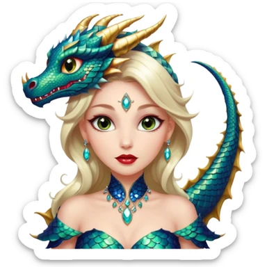 A gorgeous woman with dragon features with glittering jeweled scales covering her body. She has large almond shaped eyes, lush lips, and she wears a stunning luminescent gown. sticker
