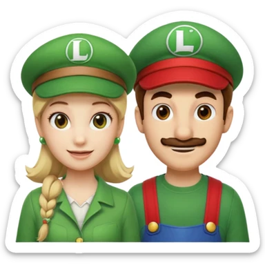 blonde female Luigi (with the Luigi green hat with an L on it) and a normal brown hair male Mario with the red hat with a (M) on it. They are friends just smiling. think video game sticker