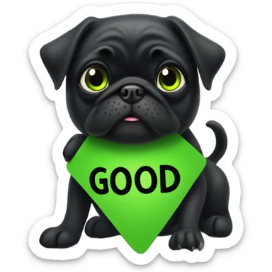 Black pug holding a green sign that says good luck  sticker