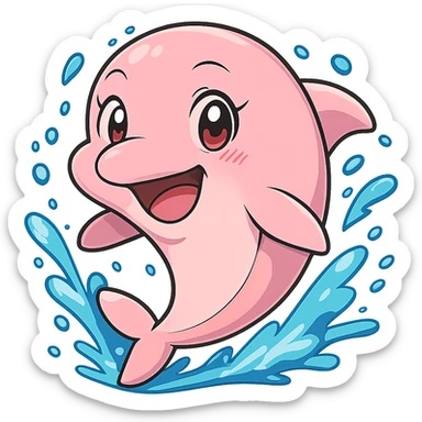 Resize to 128x128 pixels. Pink dolphin enjoying swimming with water effects and a big smile. Keep background transparent. Render in anime style. sticker