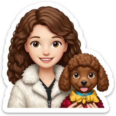 A white girl smiles a broad smile. She parts a long brown hair in middle. and she wears a white fur jacket. She also holds a brown poodle. sticker