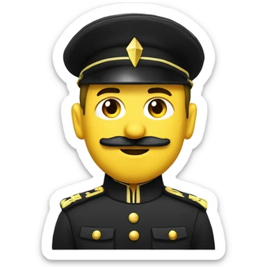 a soldier with a black helmet featuring a yellow lightning bolt insignia. The soldier has a sharp, angular face with a mustache, wearing a dark military uniform with epaulets on the shoulders sticker