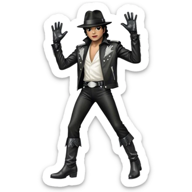 Icon for R&B Music: Michael Jackson on stage in full body, wearing his iconic concert costume—black leather jacket, sequined glove, fedora, and boots. He strikes a powerful pose, embodying the energy of R&B music. Transparent background. sticker