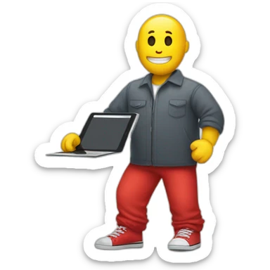 yellow man wearing red shoes holding an ipad sticker