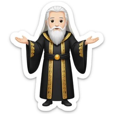 Sumo Sacerdote: persona anciana, barba larga, traje negro largo modo gran imperador, pelo blanco. cuerpo entero sticker