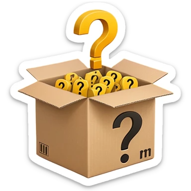 amazon box printed with q&a over stuffed with yellow question marks sticker