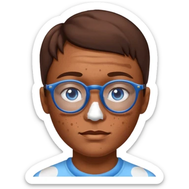 vitiligo emoji, with vitiligo spots around eyes and on the chin. brown hair, blue eyes, wearing glasses  sticker
