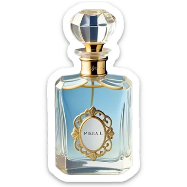 gainst a powdery blue silk backdrop, a vintage crystal perfume bottle with delicate gold filigree detailing catches the soft glow of the morning light. A silken ivory ribbon, loosely tied around its slender neck, cascades onto the fabric, creating soft folds. Scattered around the bottle, pale blue and creamy white pansies rest gently, their petals carrying hints of pearl-like shimmer. A few stray petals, kissed by the golden light, add a touch of delicate imperfection, evoking a sense of quiet romance. sticker
