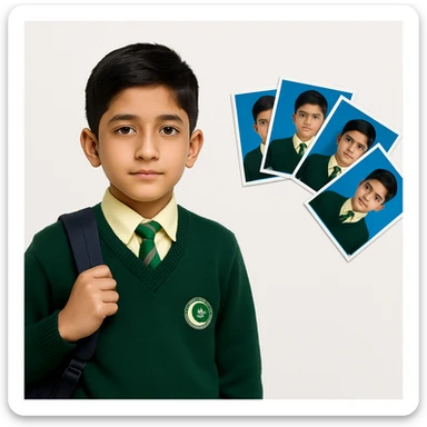 Remove all text from the image. Keep only the Pakistani schoolboy in uniform and the fan-shaped collage of his passport size photos with blue backgrounds on a clean white background. Maintain the original style and clarity of the image. sticker