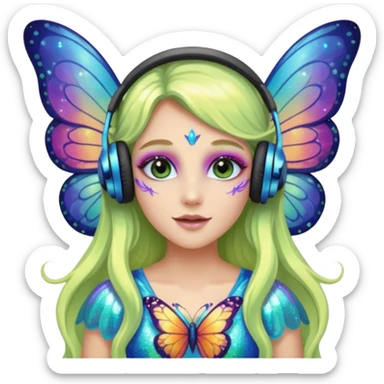 long haired make glitter makeup fairy wearing headpones wing butterfly wings  sticker
