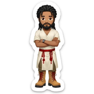 African American man with shoulder length black dreadlocks with black beard wearing a white tunic with blood on it wearing timberland boots with arms folded together sticker