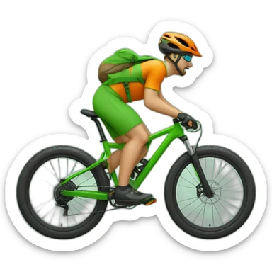 Mountain biker con bicicleta de color verde, y ropa naranja, corriendo a mucha velocidad sticker