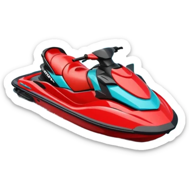 jet ski (red black and white all in the same amount. maybe a red a bit more dominant) on the sea. show the sea under the jet ski - blue with turquoise. no sky - white background instead. DO NOT REMOVE THE SEA AND THE WHITE WHEN FINALIZING!  NO ONE IS ON THE JET SKI  sticker