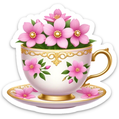 princess tea cup with pink flowers and gold details  sticker