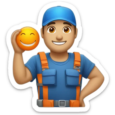 Técnico que repara electrodomésticos, con una gorra naranja y una camisa azul con blanco, feliz con una sonrisa.  sticker