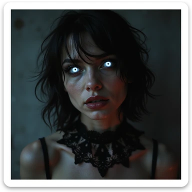 realistic horror portrait of an alluring but menacing woman with glowing eyes, black lace choker, horror atmosphere sticker