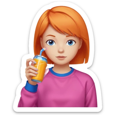 orange short hair girl sipping energy drink, blue eyes, pink sweatshirt sticker