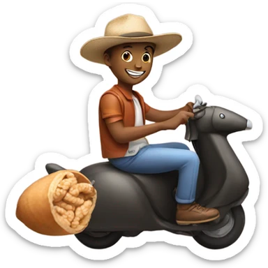 smiling boy in hat riding on a peanut sticker