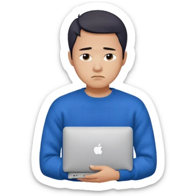 a asian guy wearing a blue knit with white shirt, looking sad, holding a macbook, only upper body, high quality sticker