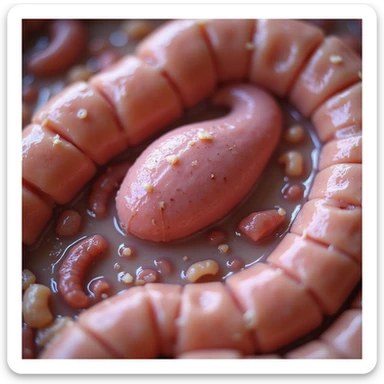 close-up of intestinal mucosa with parasites like Giardia lamblia (drop shape), microscopic details, hyperrealism, 4K sticker