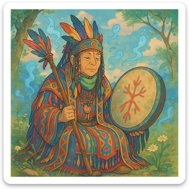Traditional Siberian shaman, colorful attire, ghibli style sticker