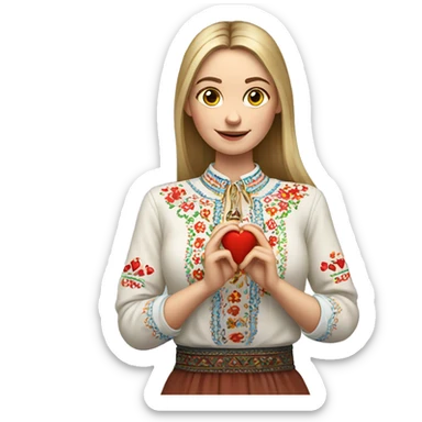 A Ukrainian woman in an embroidered shirt holds a heart in her hands sticker
