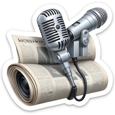 An icon featuring a microphone, a newspaper, and a camera, representing journalism and mass media. The design includes soundwaves and headlines, symbolizing the spread of information and news. Transparent background highlights the power of communication and media. sticker