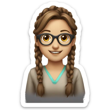 Brown haired young lady with long pigtails, futuristic glasses and a smile sticker