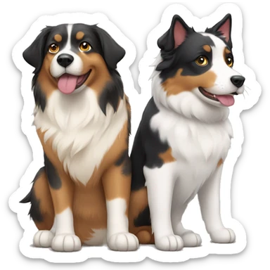 Two animals, a Fat calico cat with a black and tan Australian Shepard dog sticker