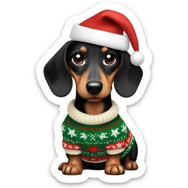 Black and cream mini dachshund wearing a Christmas sweater  sticker