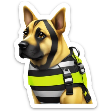 Neon Yellow and black striped caution dog covered in caution tape and holographic harness graffiti sticker
