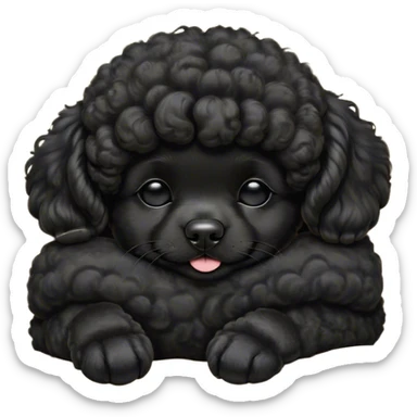 Meme-Worthy Cute Sleeping Black Poodle Portrait Emoji, Head resting peacefully with a contented smile, showcasing a delightfully elegant build and a luxuriously soft, curly jet-black Fur, eyes shut in a serene nap, Simplified yet hilariously adorable features, highly detailed, glowing with a soft, drowsy light, high shine, relaxed and utterly lovable, stylized with an air of playful laziness, bright and heartwarming, soft glowing outline, capturing the essence of a comically sleepy companion, so meme-worthy it feels like it could instantly become the next viral sensation of adorable slumber! sticker