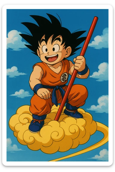 Son Goku, flying on Nimbus cloud, holding Power Pole, smiling, classic anime look sticker