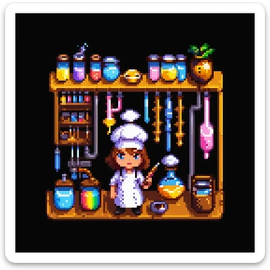 Ein Bäcker mit einem Labor aus Zuckerglas, Karamellrohren und Honigflüssigkeiten. Die Umgebung wirkt wie ein süßes Steampunk-Labor. Interface-Elemente imitieren klebrige Texturen, mit tropfenden Effekten und glänzenden Bonbonfarben sticker