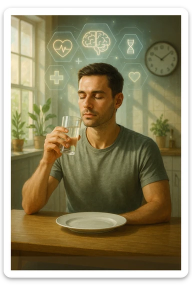 A realistic, cinematic illustration of a healthy, calm man in his early 30s sitting in a bright kitchen in the morning, with an empty plate in front of him and a glass of water in his hand, looking serene and focused. Behind him, the background shows subtle symbols of health: green plants, sunlight streaming in, and a blurred wall clock showing 10:00, symbolizing the fasting window. Above the man, a translucent overlay of medical icons (heart, brain, DNA strand) glows softly, illustrating that intermittent fasting acts as a powerful medicine, not merely a diet. The color palette is fresh and natural, emphasizing health, clarity, and focus. The style is realistic with slight cinematic tones, conveying that the man is using intermittent fasting as a tool for cellular regeneration, inflammation reduction, and health optimization rather than weight loss sticker