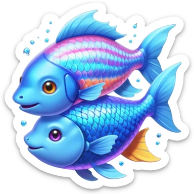 Make a pair of hugging or cuddling best friends: a rainbow fish glow with a magical aura and a vivid blue fox sticker