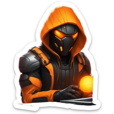  developer behind his laptop with this style : crysis Cyberpunk Valorant orange glowing bright orange character orange black hooded assassin themed character sticker