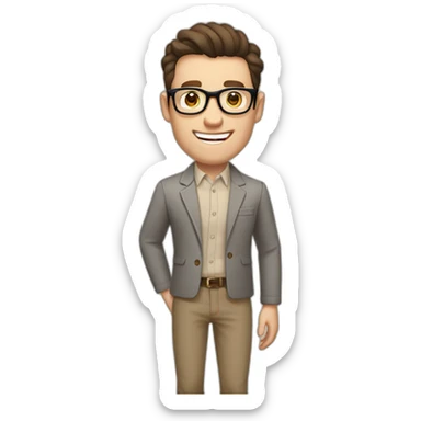 Joyful Pale skinned Fit Man With dark brown hair in gray jacket, beige office shirt, Brown pants and vintage glasses. His thrumbs up sticker