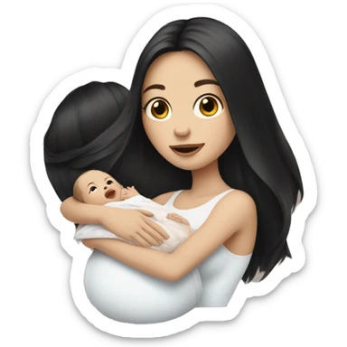 Pale girl with long black hair is holding a pale newborn baby sticker