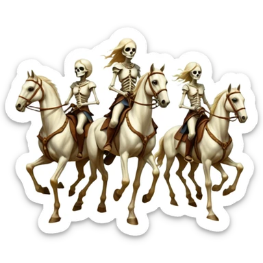 aesthetic brilliant radiant divine lighting, oil paint - ivory Four thin women as riders of the Apocalypse, after a graphic by Albrecht Dürer in a desolate landscape on horse skeletons sticker