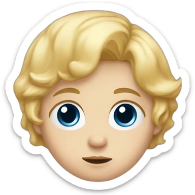 A baby with blond hair, blue eyes and a blue t-shirt and a sad face sticker
