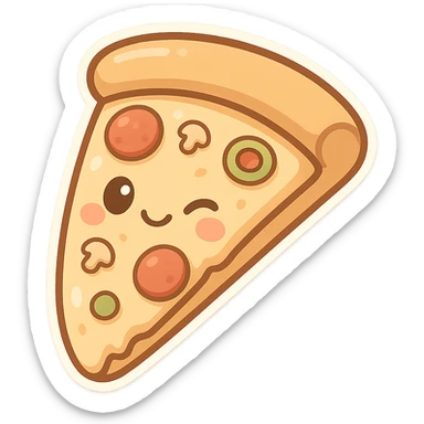 chibi sticker-style slice of pizza with a winking face, cute and exaggerated sticker
