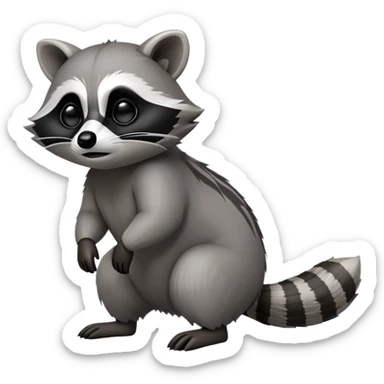 Cinematic-Raccoon-Realistic-hunched Full-Body on all fours-Emoji – Tail flicking lazily, head tilted dramatically, thick grey fur with a signature black mask, sharp and alert ears, simplified yet realistic focused features, highly detailed, glowing with an almost sarcastic glow. big black eyes sticker