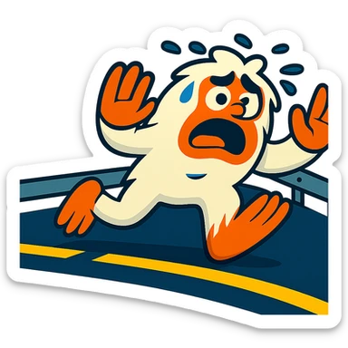 Remove the background, leaving only the small, scared abominable snowman in front of the black semi truck with road stripes and a guardrail, both on the same side of the road. Make the background transparent. sticker