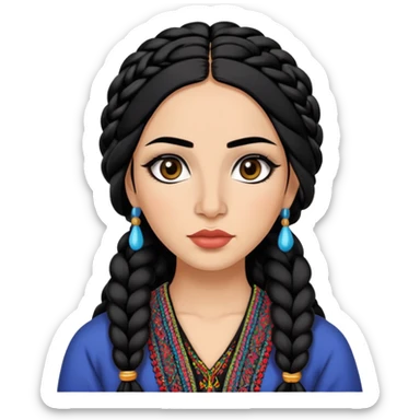 Afghan nose, pretty lips, afghan clothes, medium skin,  long black hair braid, pretty bratz baddie, black eyeliner sticker